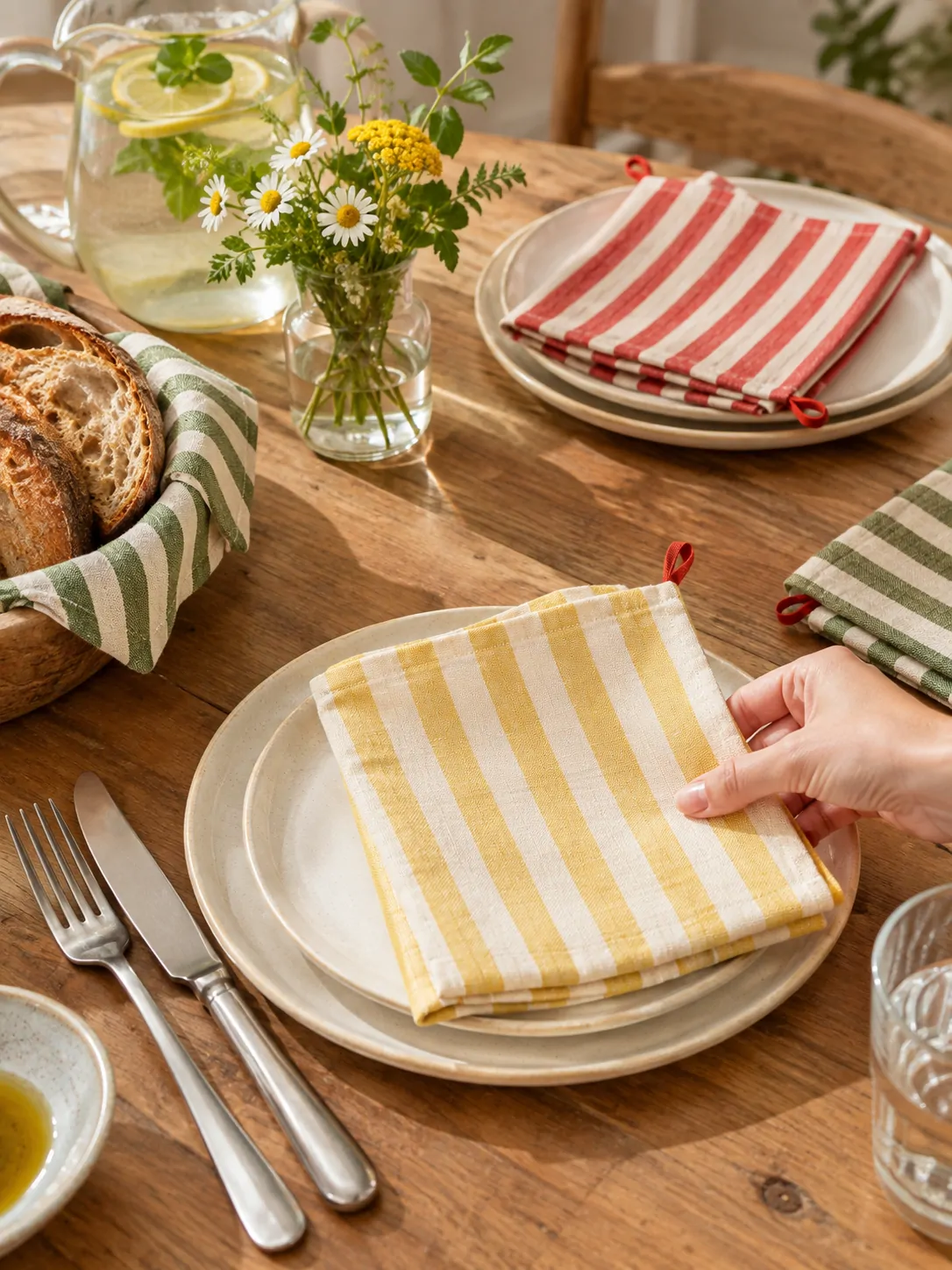 Stripe Duo Napkins, Set of 4 on a laid weekend table