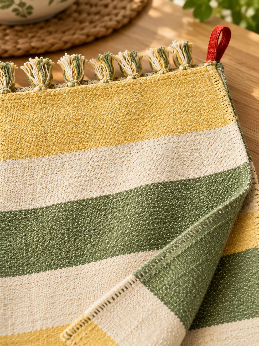 Striped Deck Picnic Blanket close up: edge finish and red corner loop