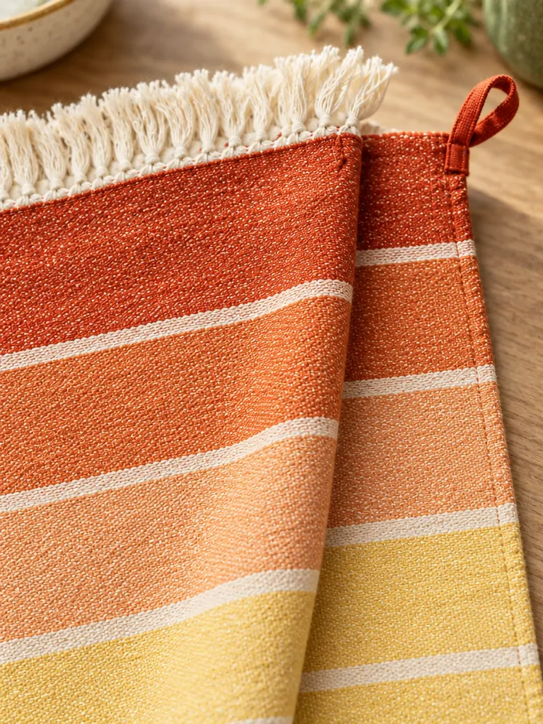Sunset Stripe Picnic Cloth close up: edge finish and red corner loop