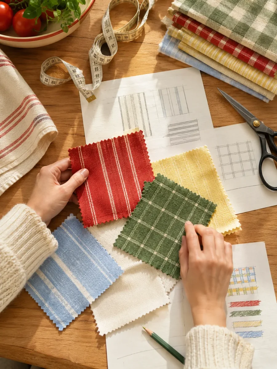 Fabric swatches and pattern sketches on a kitchen table
