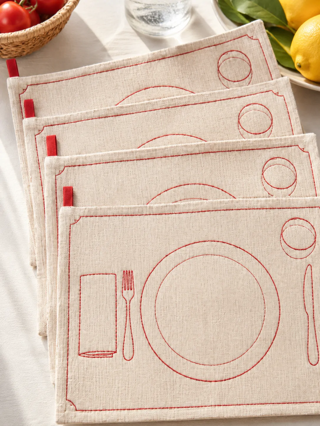 Table Map Placemats, Set of 4 close up: edge finish and red corner loop