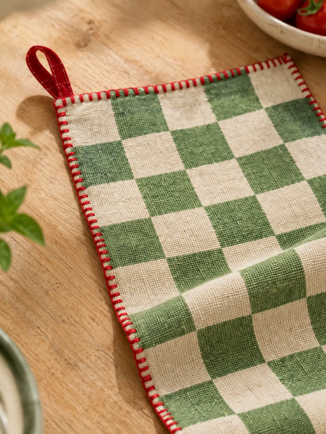 Tile Check Table Runner close up: edge finish and red corner loop