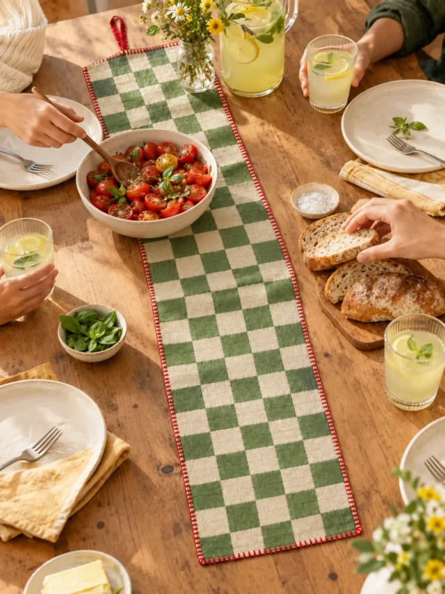 Tile Check Table Runner on a laid weekend table