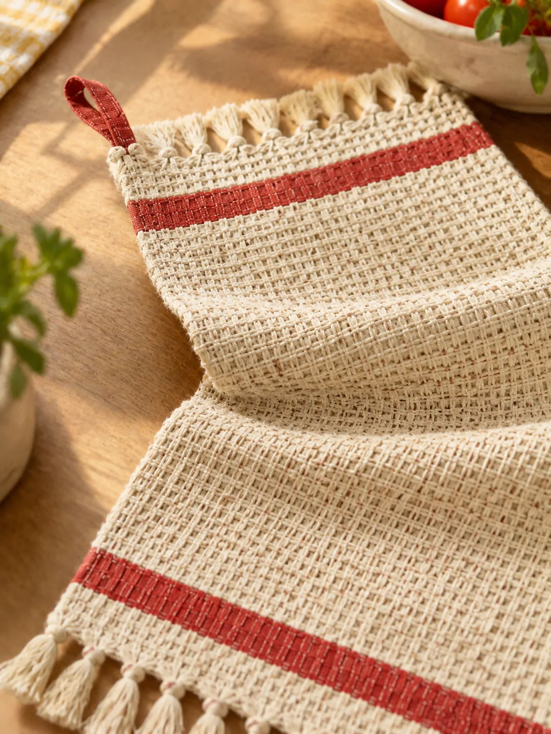 Waffle Weave Table Runner close up: edge finish and red corner loop