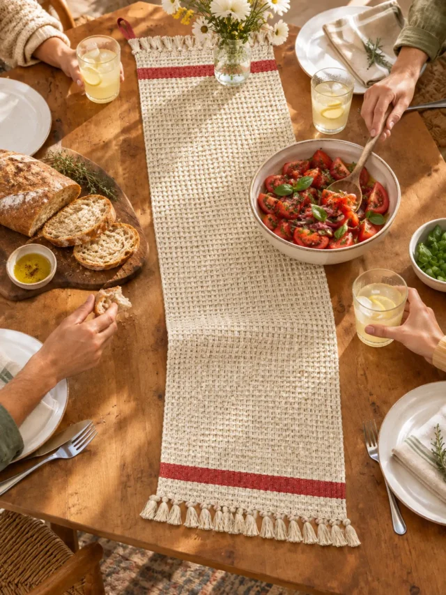 Waffle Weave Table Runner on a laid weekend table