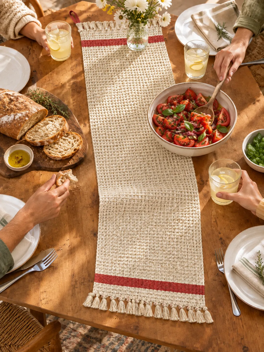 Waffle Weave Table Runner on a laid weekend table
